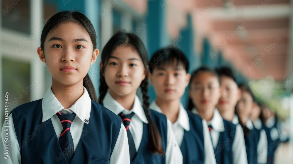 Group of Asian schoolgirls in uniform standing in a line. Group of Asian schoolgirls in uniform standing in a line.