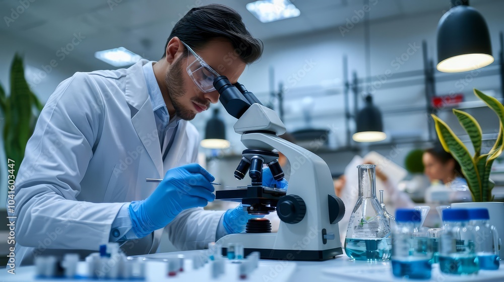 Scientist in a lab coat examining a sample under a microscope. Scientist in a lab coat examining a sample under a microscope.
