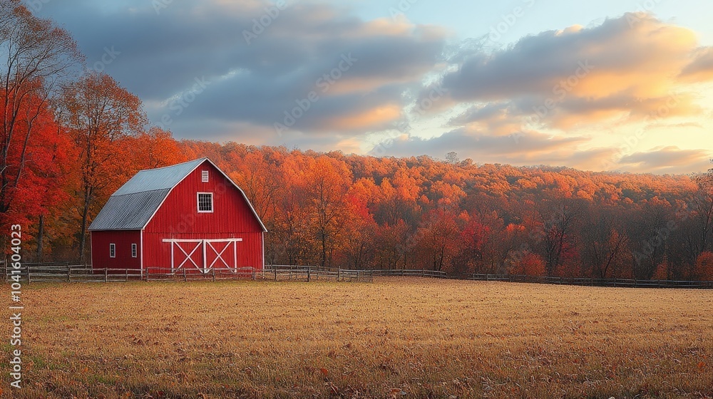 Red Barn in Serene Autumn Landscape Red Barn in Serene Autumn Landscape