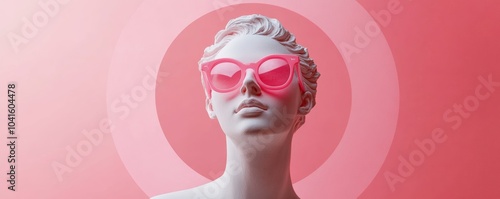 Stylish white statue with pink sunglasses against a vibrant backdrop, blending classic sculpture with a pop art twist. Perfect for modern branding and social media