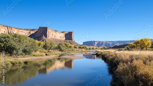 Majestic Wild West Landscape: Mesas, River, and Serene Skyline in Cinematic Light