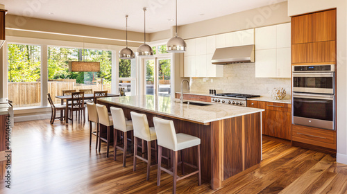 Sleek kitchen island with a minimalist bar stool setup, clean surfaces, and a pendant light above