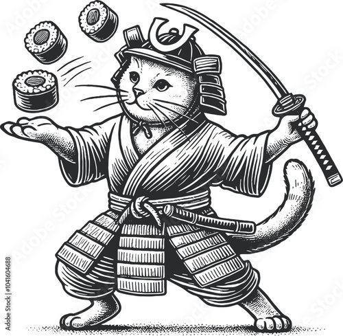 cat samurai japanese sumo wrestler chops sushi with katana stylish illustration engraving vector