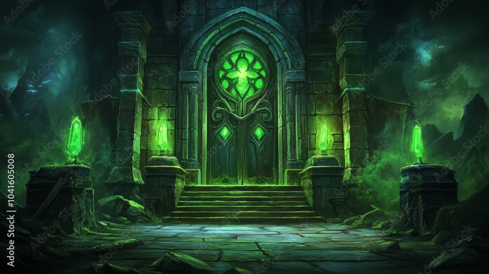 Obraz premium Glowing Green Entrance to Mysterious Dungeon