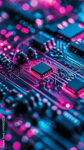 Complex electronic circuit board with a central processing unit highlighted in blue and pink lights, representing the concept of modern technology