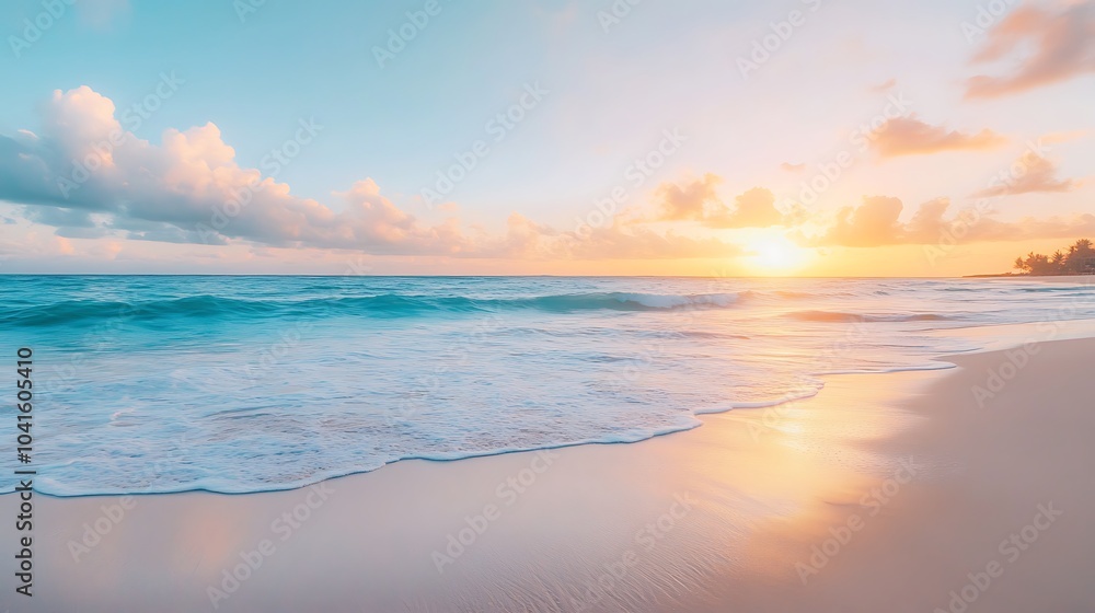 Breathtaking sunset over tranquil ocean waves at a serene beach with soft sandy shoreline and colorful sky Breathtaking sunset over tranquil ocean waves at a serene beach with soft sandy shoreline and colorful sky
