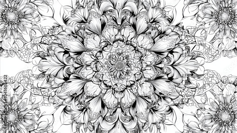 Fototapeta premium Intricate Black and White Pattern Abstract Mandala Illustration Symmetrical Floral Design Detailed Line Art Monochrome Floral Symmetry Ornate Floral Grid Art