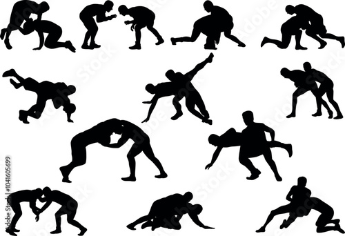 Wrestling sport silhouettes vector illustration set