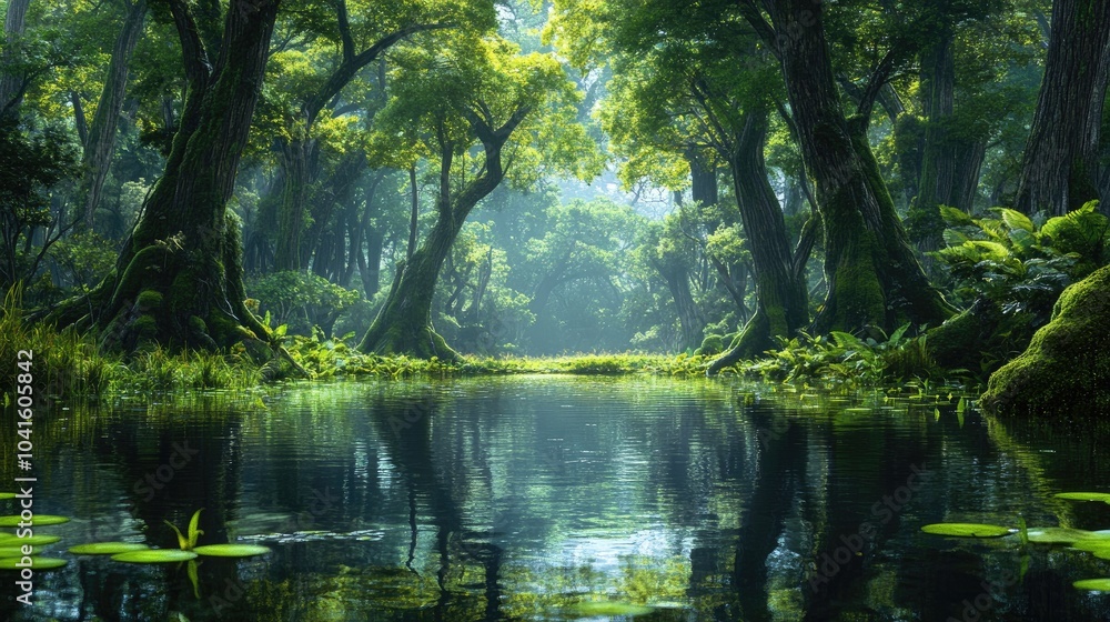 Lush forest swamp scenery ideal for a fantasy setting featuring a summer jungle with a tranquil lake and captivating natural park views Panoramic depiction of a deciduous wetland and tree silhouet Lush forest swamp scenery ideal for a fantasy setting featuring a summer jungle with a tranquil lake and captivating natural park views Panoramic depiction of a deciduous wetland and tree silhouet