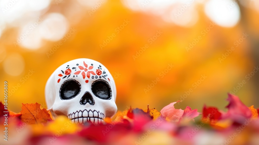 A vibrant close-up of a decorative skull, intricately painted with colorful floral designs, surrounded by autumn leaves in vivid reds and oranges, creating a festive atmosphere. A vibrant close-up of a decorative skull, intricately painted with colorful floral designs, surrounded by autumn leaves in vivid reds and oranges, creating a festive atmosphere.