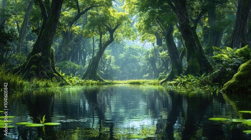 Lush forest swamp scenery ideal for a fantasy setting featuring a summer jungle with a tranquil lake and captivating natural park views Panoramic depiction of a deciduous wetland and tree silhouet