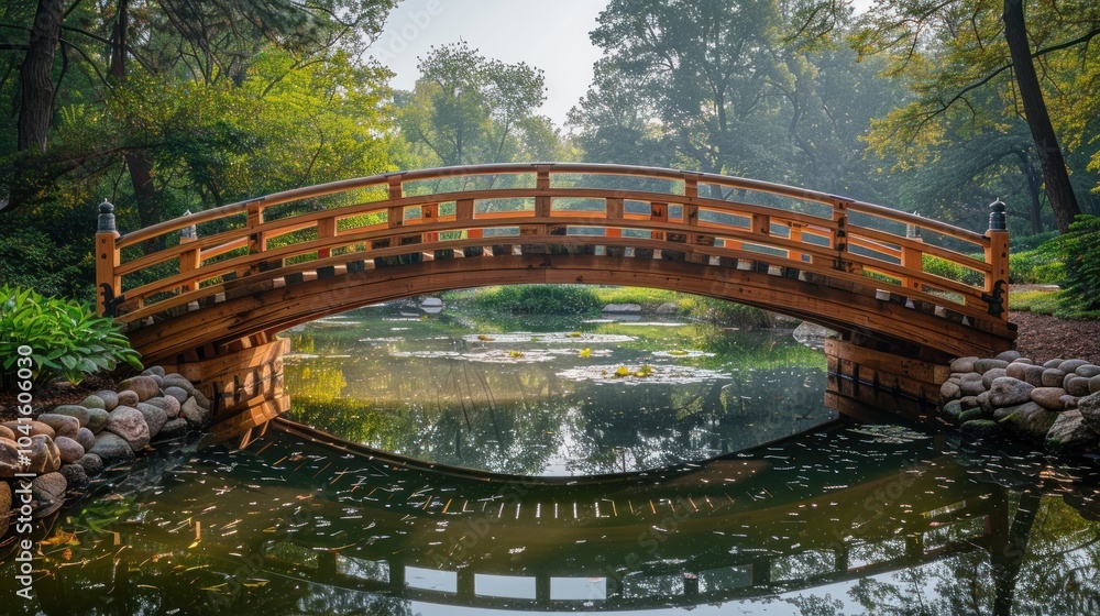 Fototapeta premium A serene wooden bridge arches gracefully over a tranquil pond surrounded by lush greenery at dawn. Generative AI