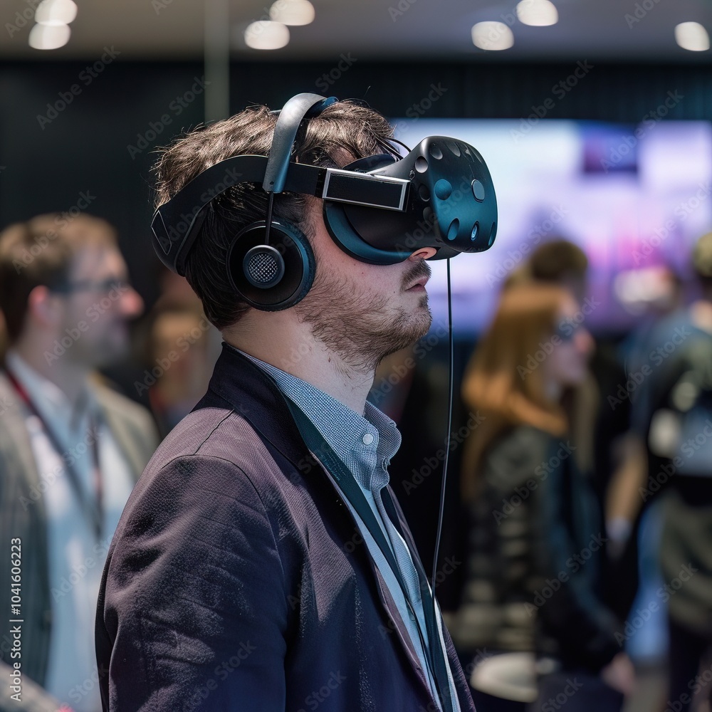 A young man is immersed in virtual reality, wearing a headset in a modern setting with others engaged in similar experiences. scene reflects technology and interactive entertainment. A young man is immersed in virtual reality, wearing a headset in a modern setting with others engaged in similar experiences. scene reflects technology and interactive entertainment.