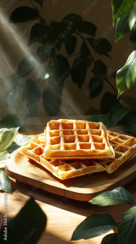 Fototapeta premium Stack of golden-brown waffles sits on a wooden plate, illuminated by beams of sunlight filtering through lush green leaves