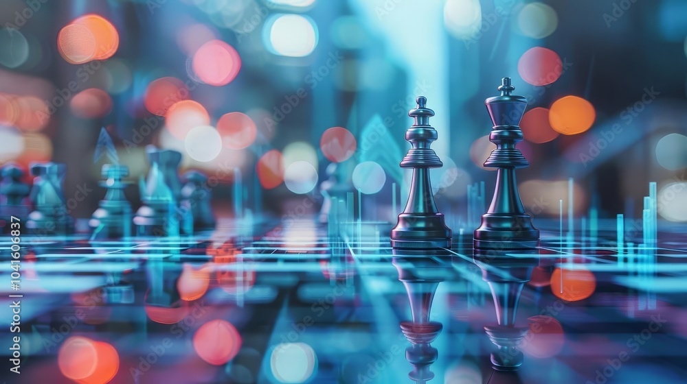 Chess pieces on a board with a city lights bokeh background, representing strategy and competition. Chess pieces on a board with a city lights bokeh background, representing strategy and competition.