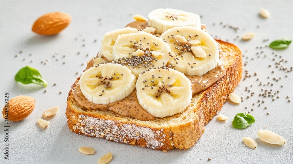 Concept of vegan food with plant-based ingredients. A slice of whole grain toast topped with banana slices, chia seeds, almond slivers, and a drizzle of nut butter, decorated with green herbs Concept of vegan food with plant-based ingredients. A slice of whole grain toast topped with banana slices, chia seeds, almond slivers, and a drizzle of nut butter, decorated with green herbs