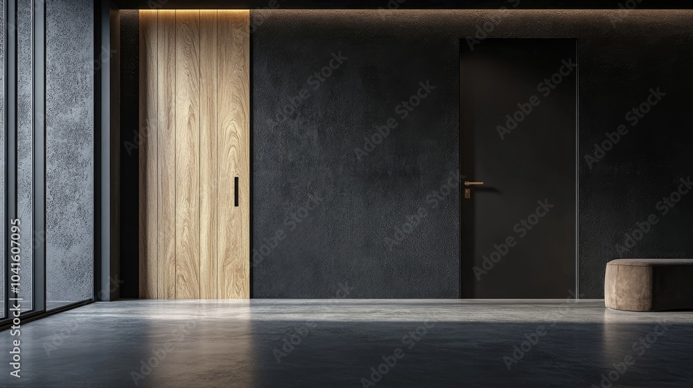 3D rendering of a black interior minimalist hallway featuring a wooden front door in a modern apartment showcasing a vertical view of an elegant space with concrete flooring and a loft style desig 3D rendering of a black interior minimalist hallway featuring a wooden front door in a modern apartment showcasing a vertical view of an elegant space with concrete flooring and a loft style desig