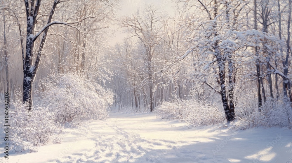 Fototapeta premium Oil painting depicting a winter morning with fresh snow covering the landscape trees fully enveloped in white capturing the essence of a serene snowy day