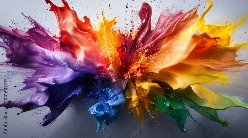 A vibrant explosion of colorful paint splatters against a white background. A vibrant explosion of colorful paint splatters against a white background.