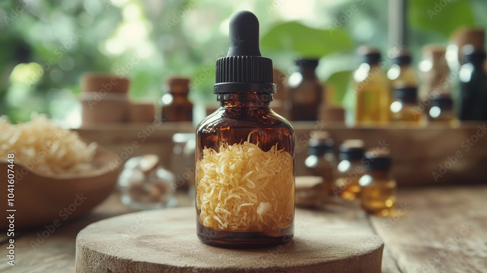 A close-up of an amber glass dropper bottle filled with herbal extract, placed on a wooden surface surrounded by various essential oil bottles. A close-up of an amber glass dropper bottle filled with herbal extract, placed on a wooden surface surrounded by various essential oil bottles.