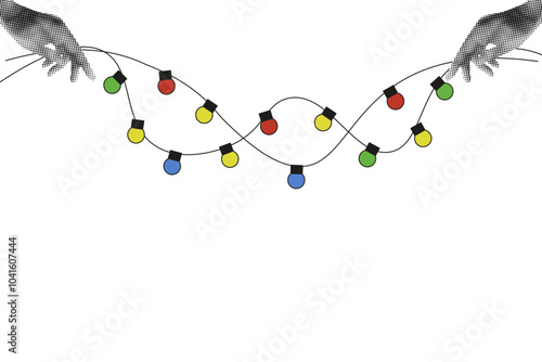 Christmas Garland in Halftone effect hands isolated white background. Trendy Halftone Collage hand and festive Garland with copy space. Nostalgia vector illustration can used web discord banner. 