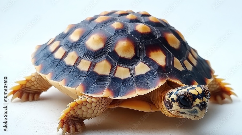 Obraz premium Unique Burmese star tortoise with its beautiful shell pattern, isolated against a white background.