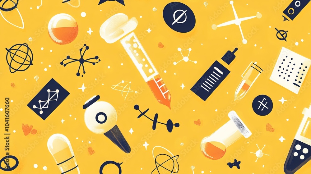 Flat style seamless pattern with science education elements. Repeatable vector background with yellow color for school, university and college. Flat style seamless pattern with science education elements. Repeatable vector background with yellow color for school, university and college.