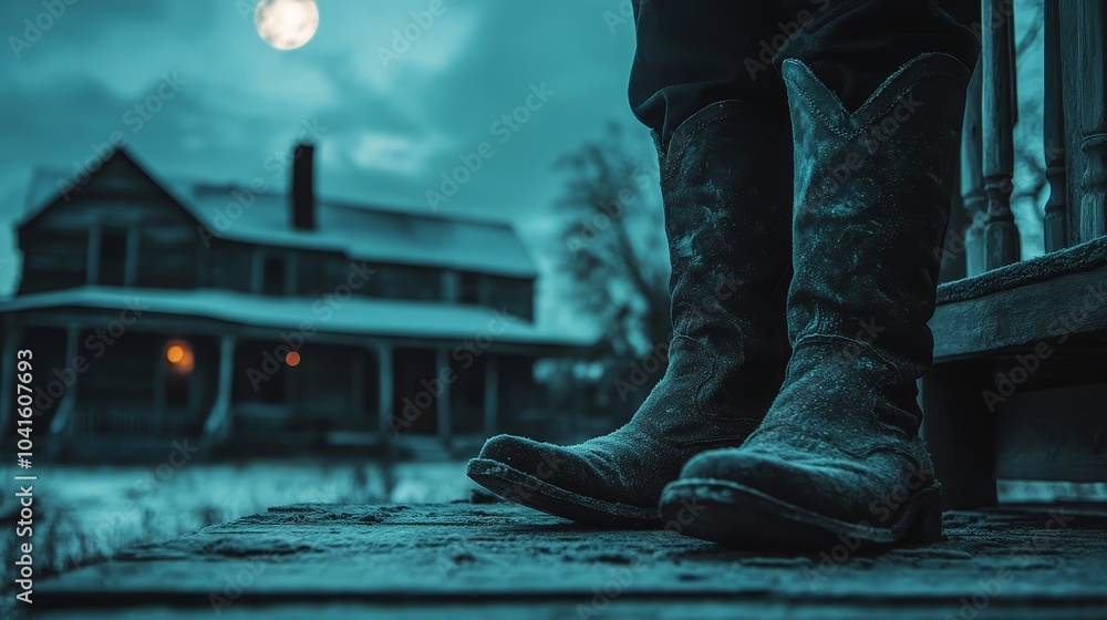 A close-up of rugged cowboy boots on a wooden porch, set against a moody blue sky and an old farmhouse in the background, evoking a sense of adventure. A close-up of rugged cowboy boots on a wooden porch, set against a moody blue sky and an old farmhouse in the background, evoking a sense of adventure.