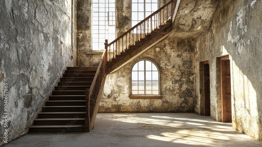 Obraz premium 3D rendering of an interior view featuring a historic staircase in a lighthouse ruin