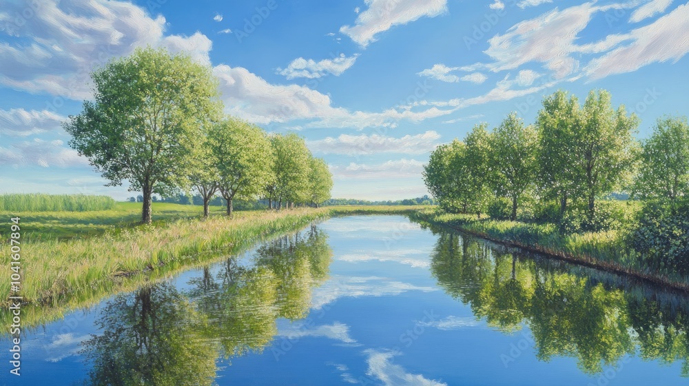 Oil painting depicting a serene canal scene with a clear blue sky and trees along the canal s edge Oil painting depicting a serene canal scene with a clear blue sky and trees along the canal s edge