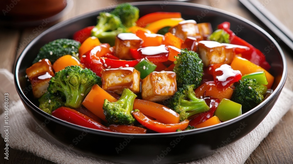 Concept of vegan food with plant-based ingredients. A vibrant stir-fry featuring colorful vegetables and tofu in a savory sauce, served in a dark bowl on a textured surface Concept of vegan food with plant-based ingredients. A vibrant stir-fry featuring colorful vegetables and tofu in a savory sauce, served in a dark bowl on a textured surface
