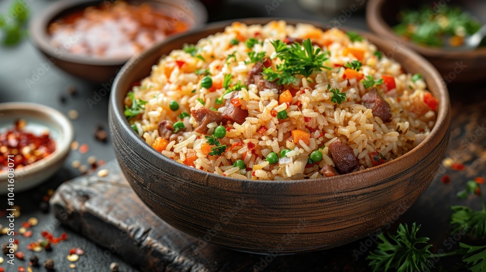 Delicious vegetable fried rice served in a rustic wooden bowl with vibrant ingredients and warm spices. Generative AI Delicious vegetable fried rice served in a rustic wooden bowl with vibrant ingredients and warm spices. Generative AI