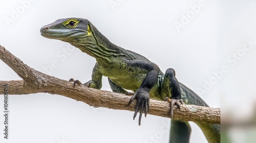 Green tree monitor lizard gripping a branch, its sleek body standing out against the white background.