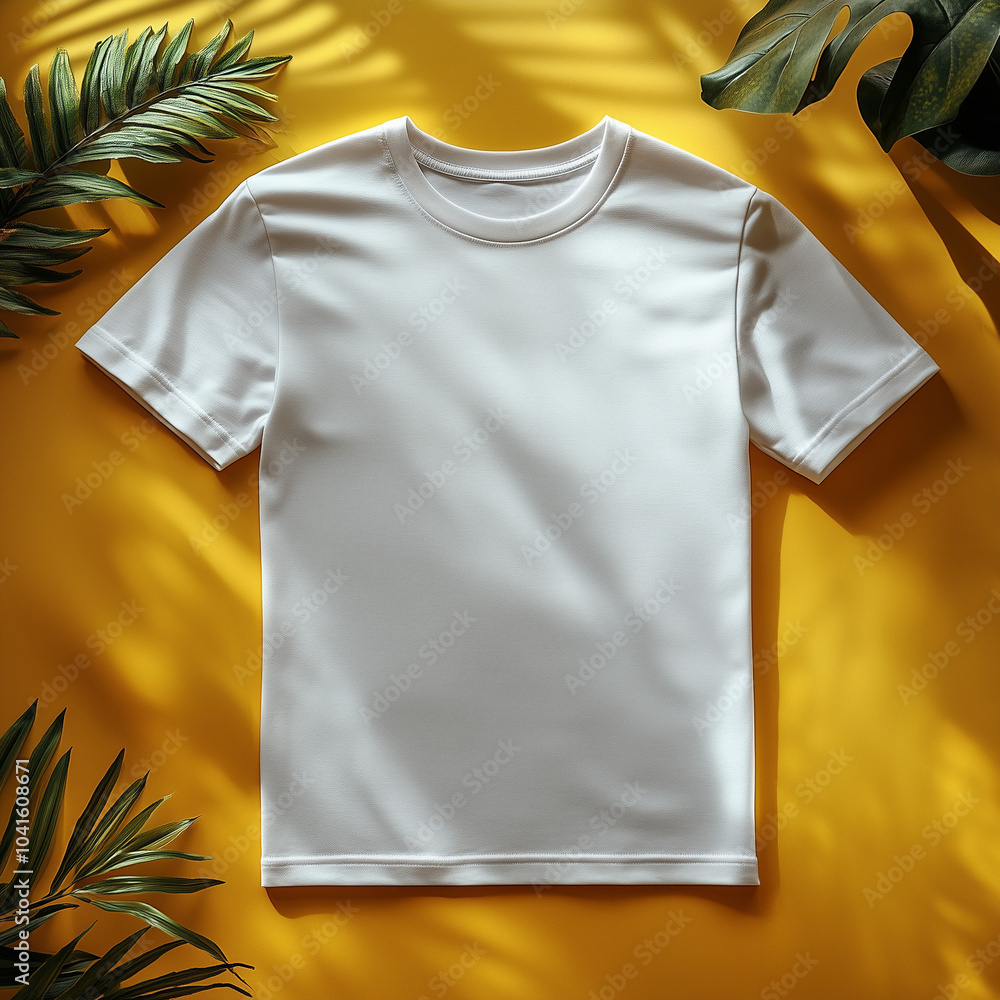 mockup of a white flat t-shirt on yellow background mockup of a white flat t-shirt on yellow background