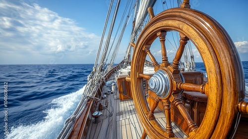 A close-up view of a ship's wooden steering wheel on a sailing vessel, navigating through the open sea under a clear blue sky.