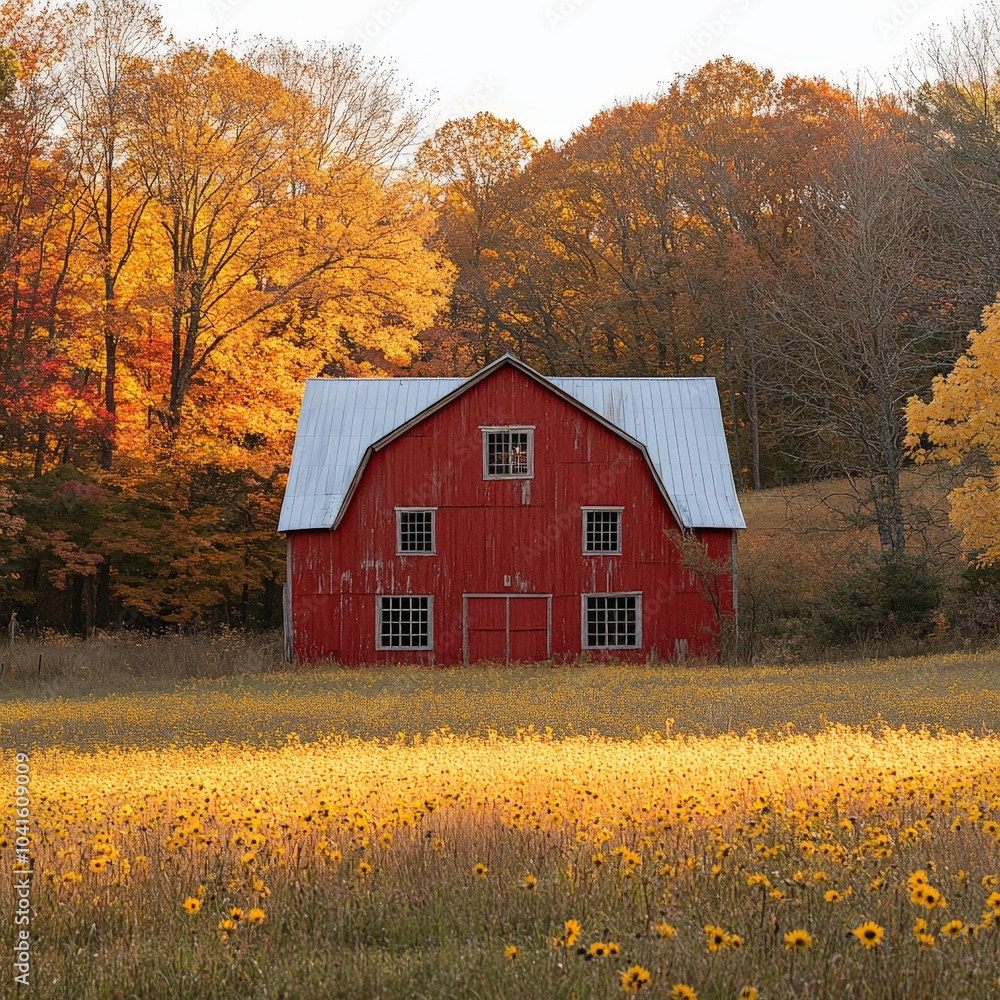 Red Barn in Serene Autumn Landscape Red Barn in Serene Autumn Landscape