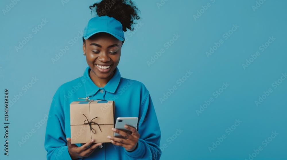 A cheerful black female courier in blue uniform stands against a blue background, holding a small package and smiling at her phone. A cheerful black female courier in blue uniform stands against a blue background, holding a small package and smiling at her phone.