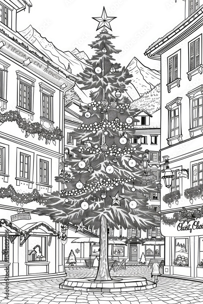 Fototapeta premium Coloring book illustration of a Christmas tree in a charming town square featuring iconic alpine architecture and festive decorations