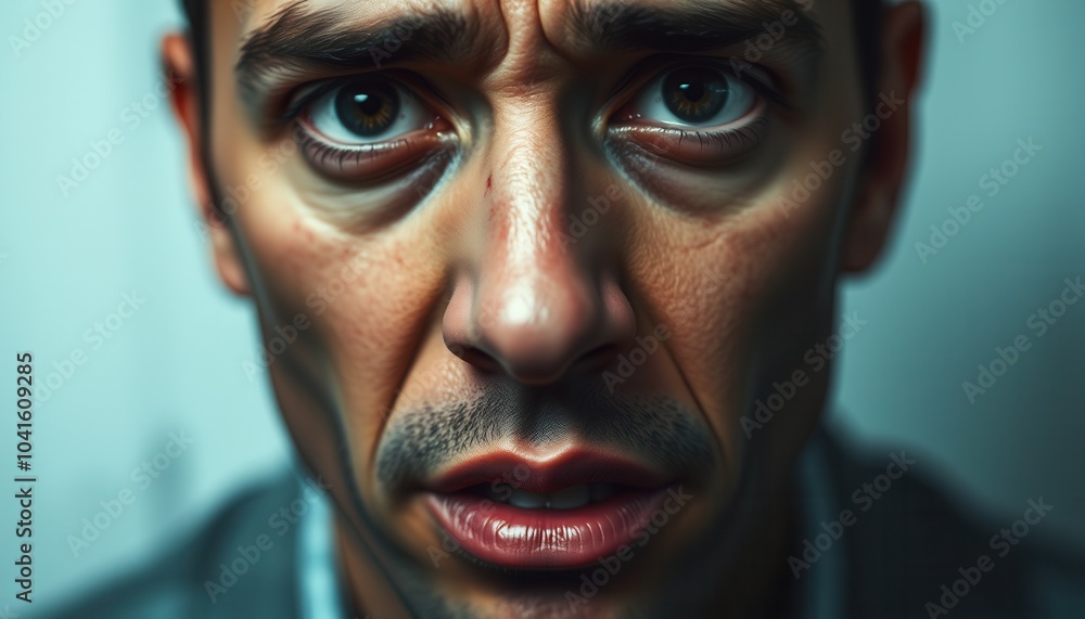 A distressed individual stares directly at the camera, expressing deep emotions in a dimly lit room during the evening A distressed individual stares directly at the camera, expressing deep emotions in a dimly lit room during the evening