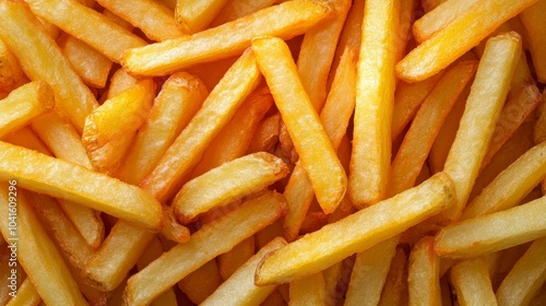 A close-up view of golden, crispy French fries piled together, showcasing their texture and vibrant color against a neutral background.