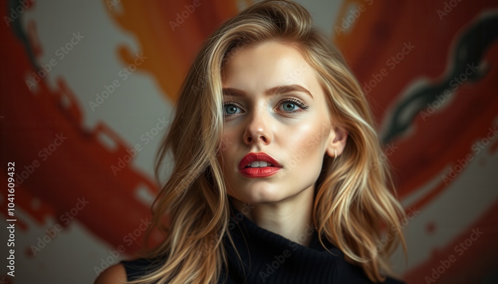 Naklejka premium A close-up of a young woman with long blonde hair and striking red lips posing against a vibrant abstract background in soft lighting