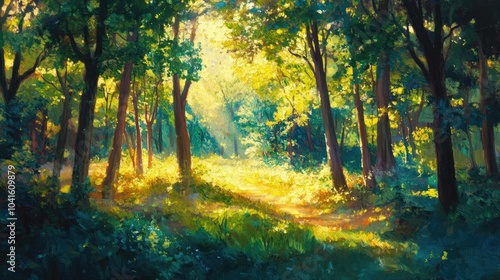 Oil painting depicting a vibrant forest filled with lush green deciduous trees illuminated by warm sunlight filtering through the leaves