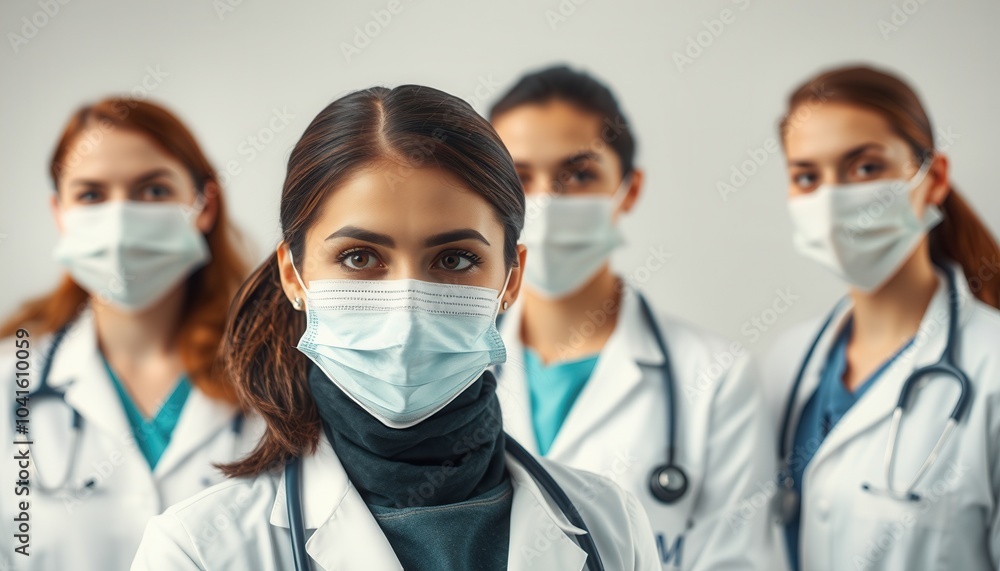 Group of female healthcare professionals in masks standing together in a clinical setting during a health crisis Group of female healthcare professionals in masks standing together in a clinical setting during a health crisis