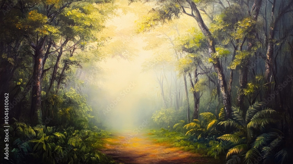 Fototapeta premium Oil painting depicting a serene misty morning enveloping a lush forest