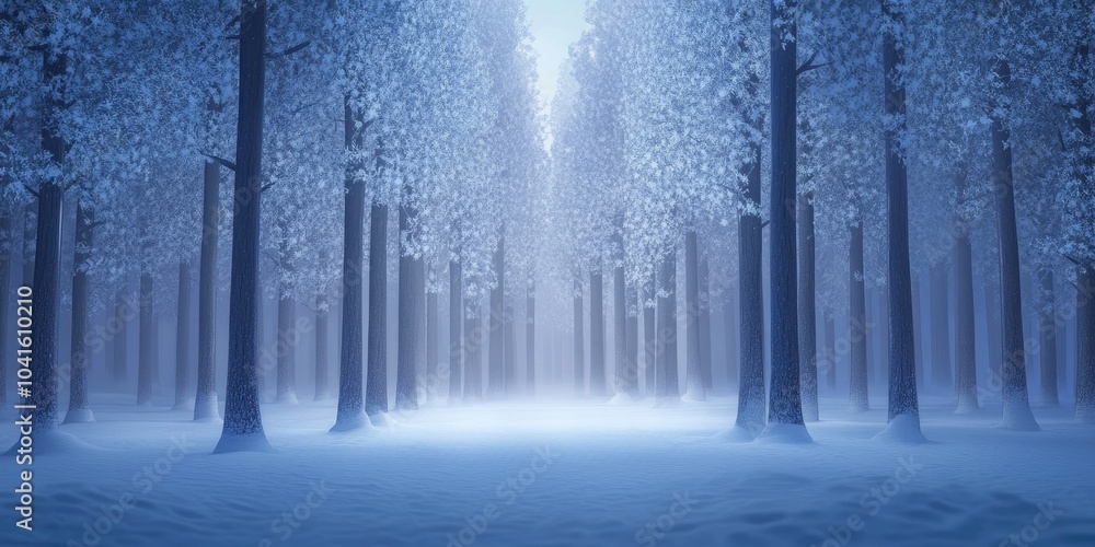 Naklejka premium Tall trees are showcased amidst a snowy forest, with pristine white snow covering the ground, Snowy forest with tall trees and white snow ground