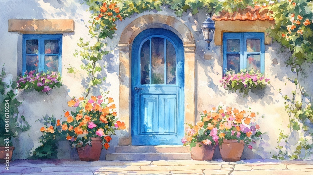 Charming watercolor depiction of a house featuring a blue door and blue windows adorned with lovely pink and orange flowers Charming watercolor depiction of a house featuring a blue door and blue windows adorned with lovely pink and orange flowers
