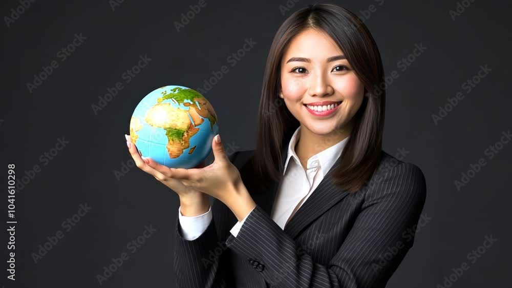 Global Businesswoman: Confident portrait of a smiling Asian businesswoman holding a globe, symbolizing international business, global connections, and world trade. Global Businesswoman: Confident portrait of a smiling Asian businesswoman holding a globe, symbolizing international business, global connections, and world trade.
