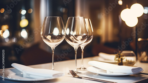 table setting with glasses on a festive evening, restaurant, christmas luxury table