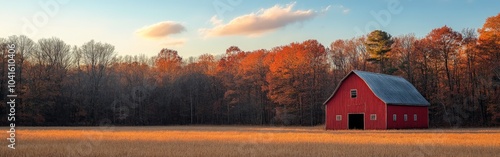 Red Barn in Serene Autumn Landscape