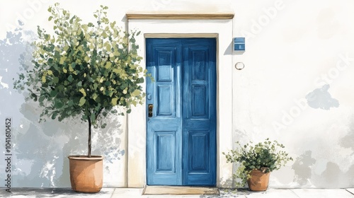 Illustration of a blue door set against a white background